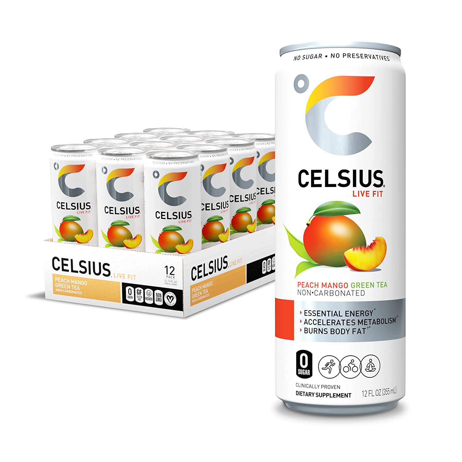 CELSIUS Peach Mango Green Tea, Functional Essential Energy Drink 12 Fl Oz (Pack of 12) - Image 1